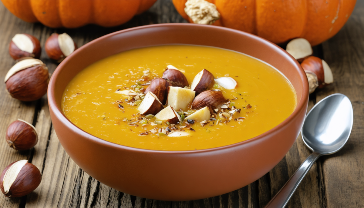 savourez un velouté de potimarron onctueux, rehaussé d'éclats de châtaigne croustillants, pour un délice automnal réconfortant et gourmand.