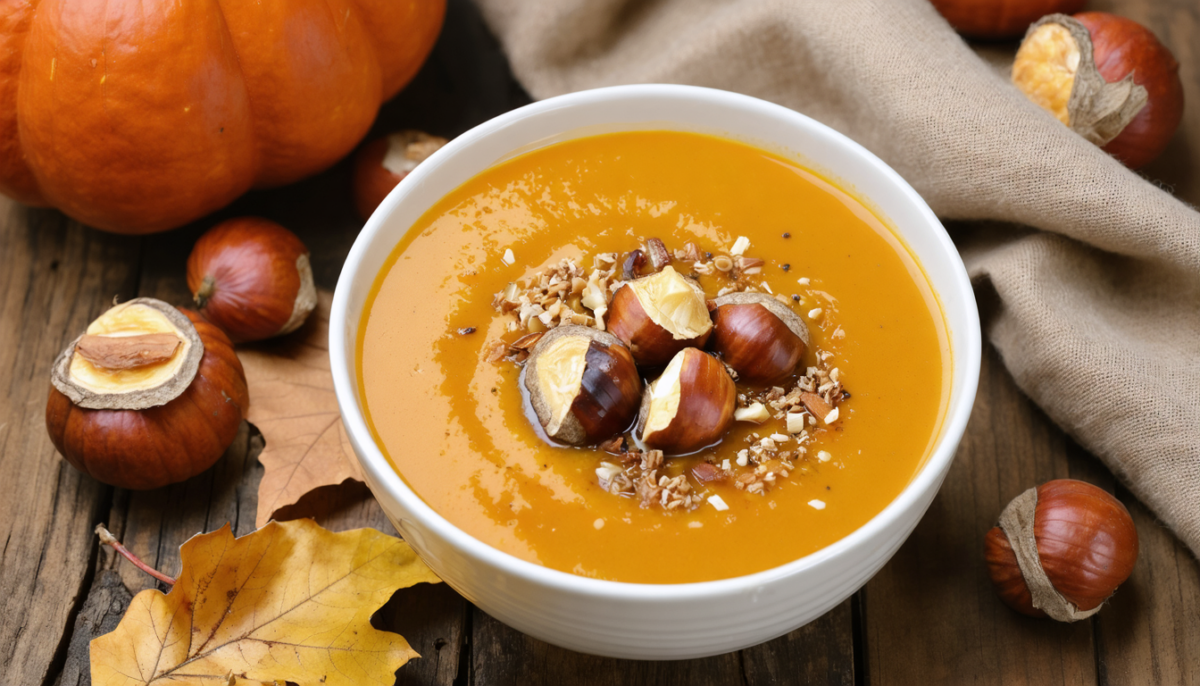 découvrez notre velouté de potimarron, une douceur automnale réconfortante agrémentée d'éclats croquants de châtaigne pour sublimer vos repas de saison.