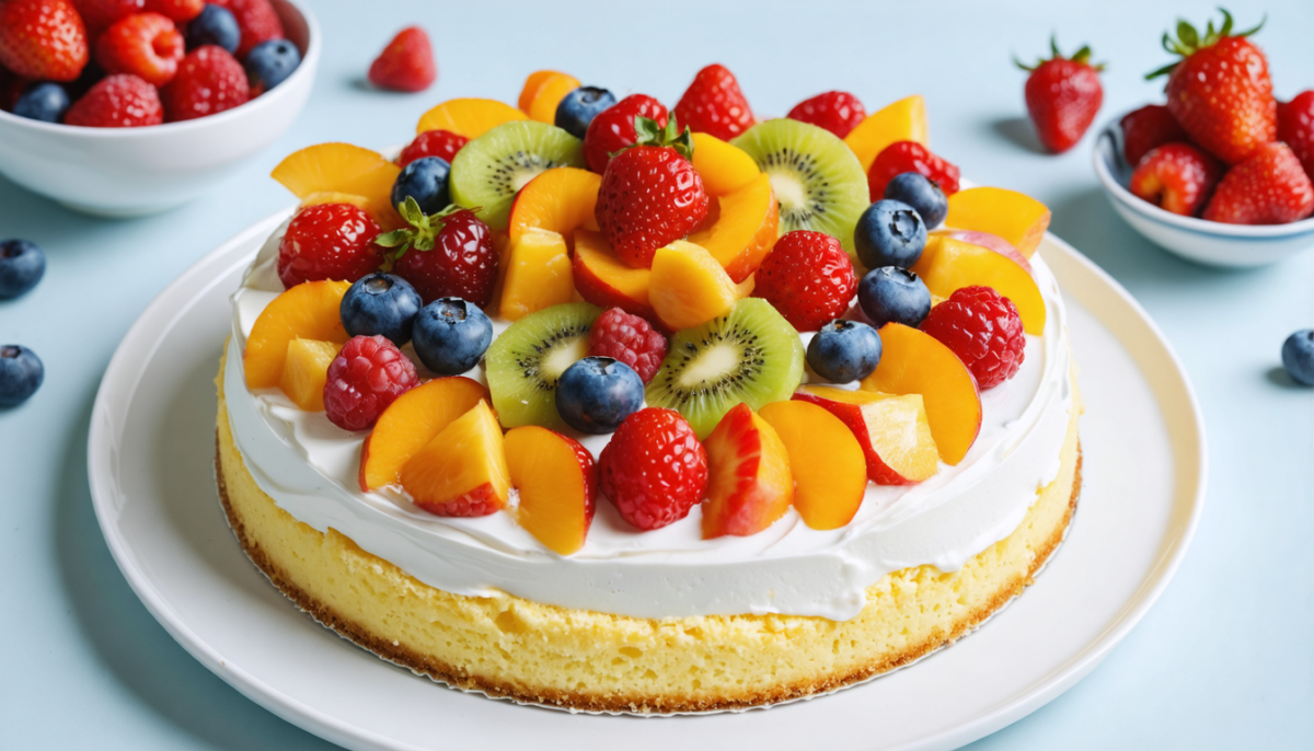 savourez un délicieux gâteau au yaourt moelleux, garni de fruits frais et parfumés, parfait pour apporter une touche estivale à vos desserts.